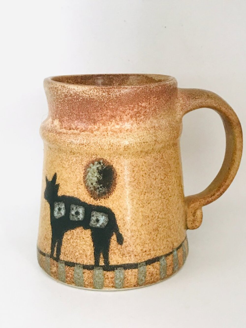 Flat Earth Stoneware Pottery Mug Cow and Moon Earth Tones 13 Oz